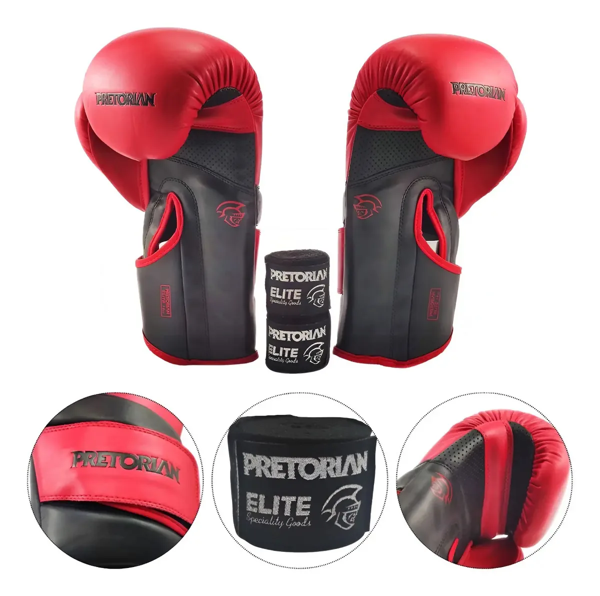 Kit De Luvas De Boxe E Muay Thai Elite + Bandagens Pretorian Cor Preto/vermelho Tamanho 16oz