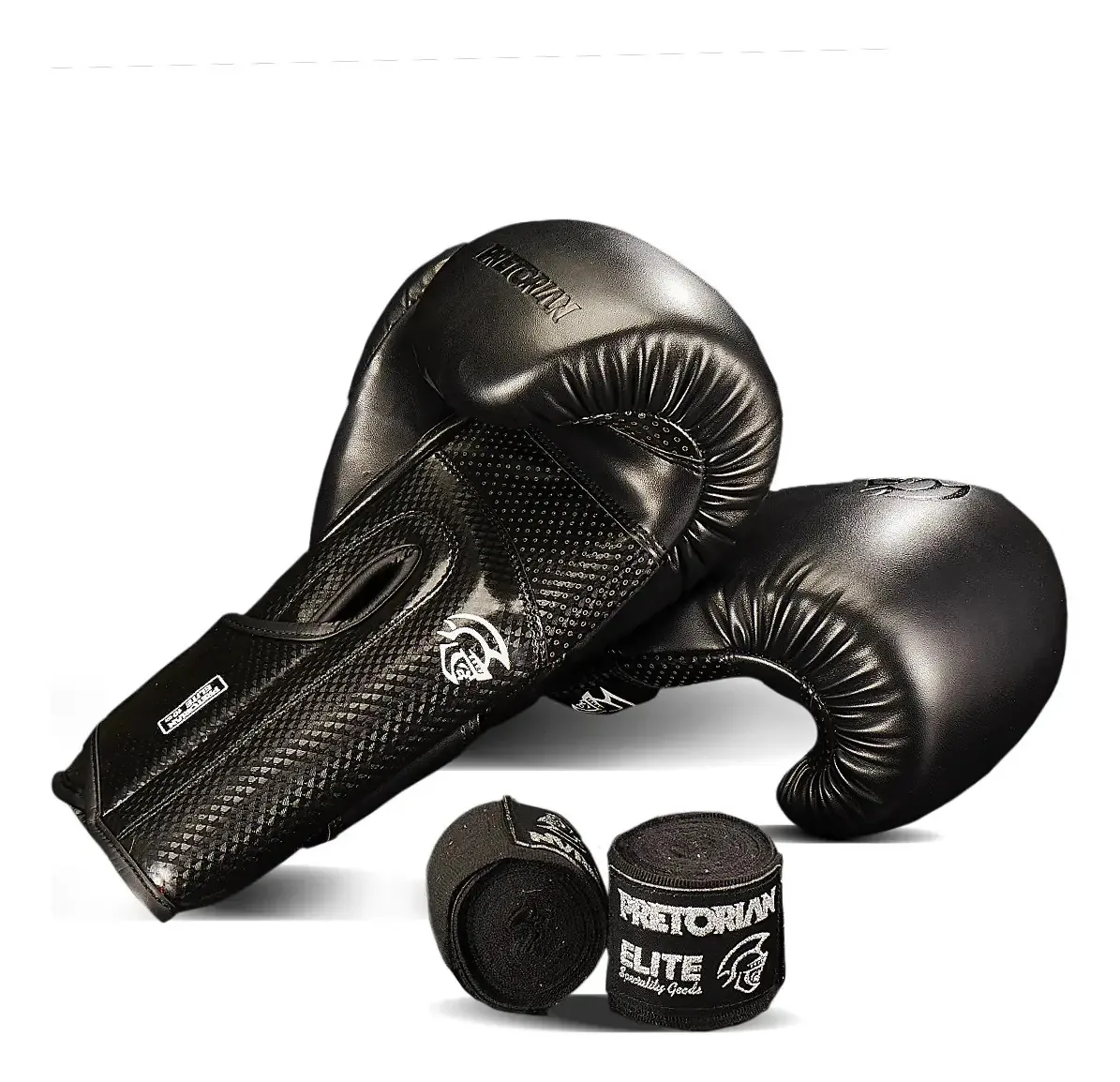 Kit de Luvas de Boxe e Muay Thai Pretorian Elite com Bandagens 3.5m Preto 10oz
