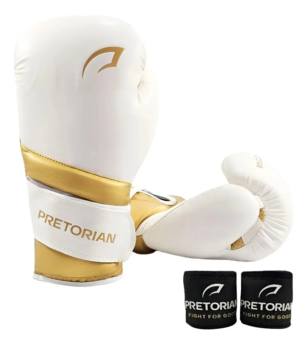 Kit De Luvas De Boxe E Muay Thai Elite + Bandagens Pretorian Cor Branco/dourado Tamanho 12oz