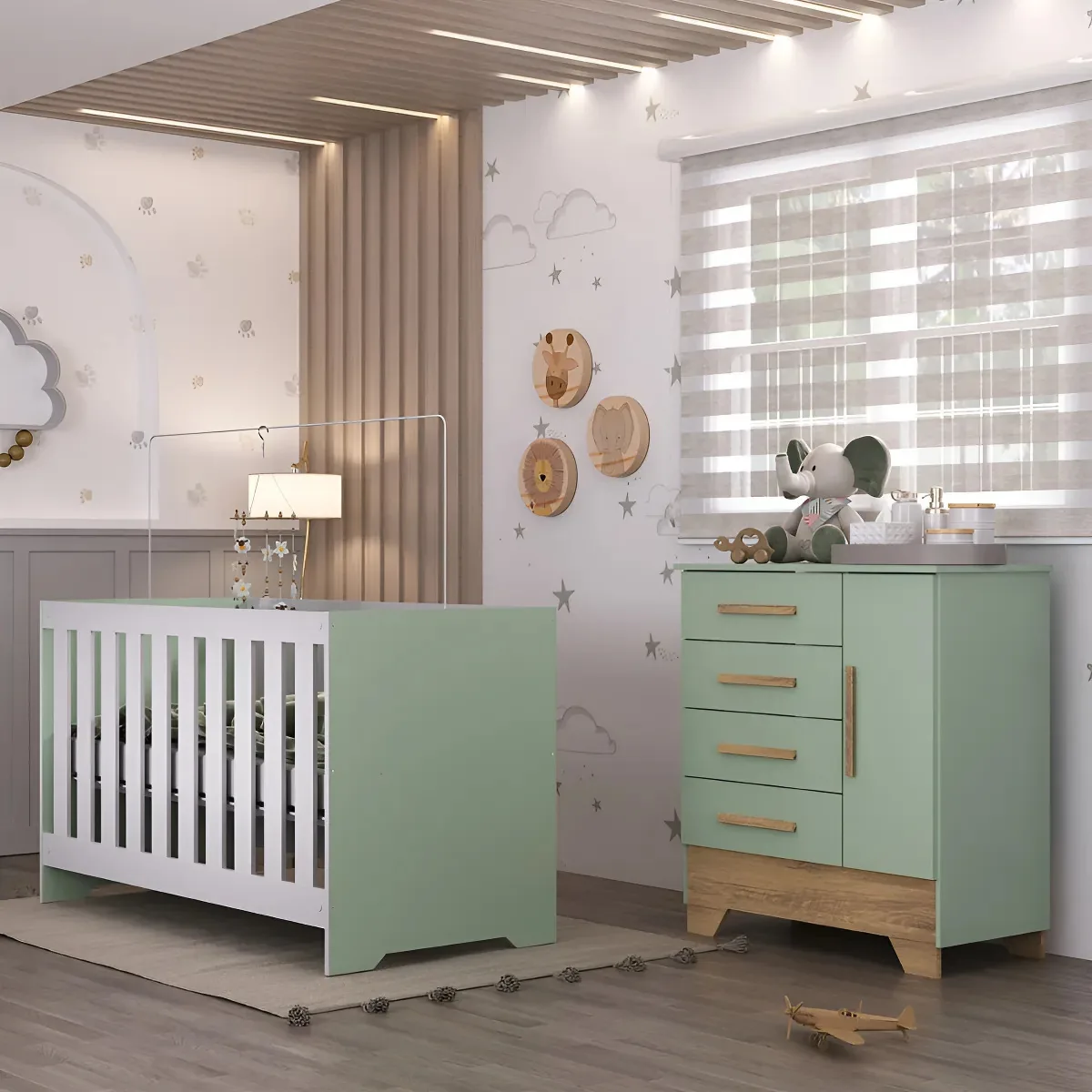 Quarto Bebê Cômoda 4gavetas 1porta Berço Catavet Maya Rodial Cor Verde/nature
