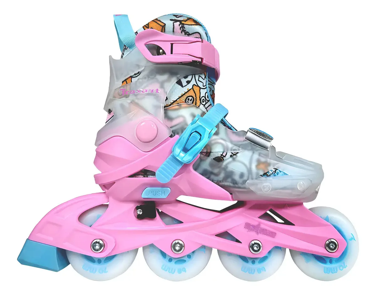 Patins Em Linha Traxart StarLight Rosa Com Rodas de LED Ajustável - Tamanho G [34 - 37]