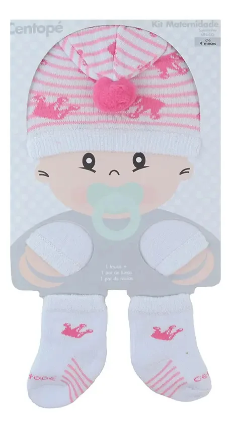 Kit Bebê Feminino Centopé Maternidade Pompom 3 Peças Branco