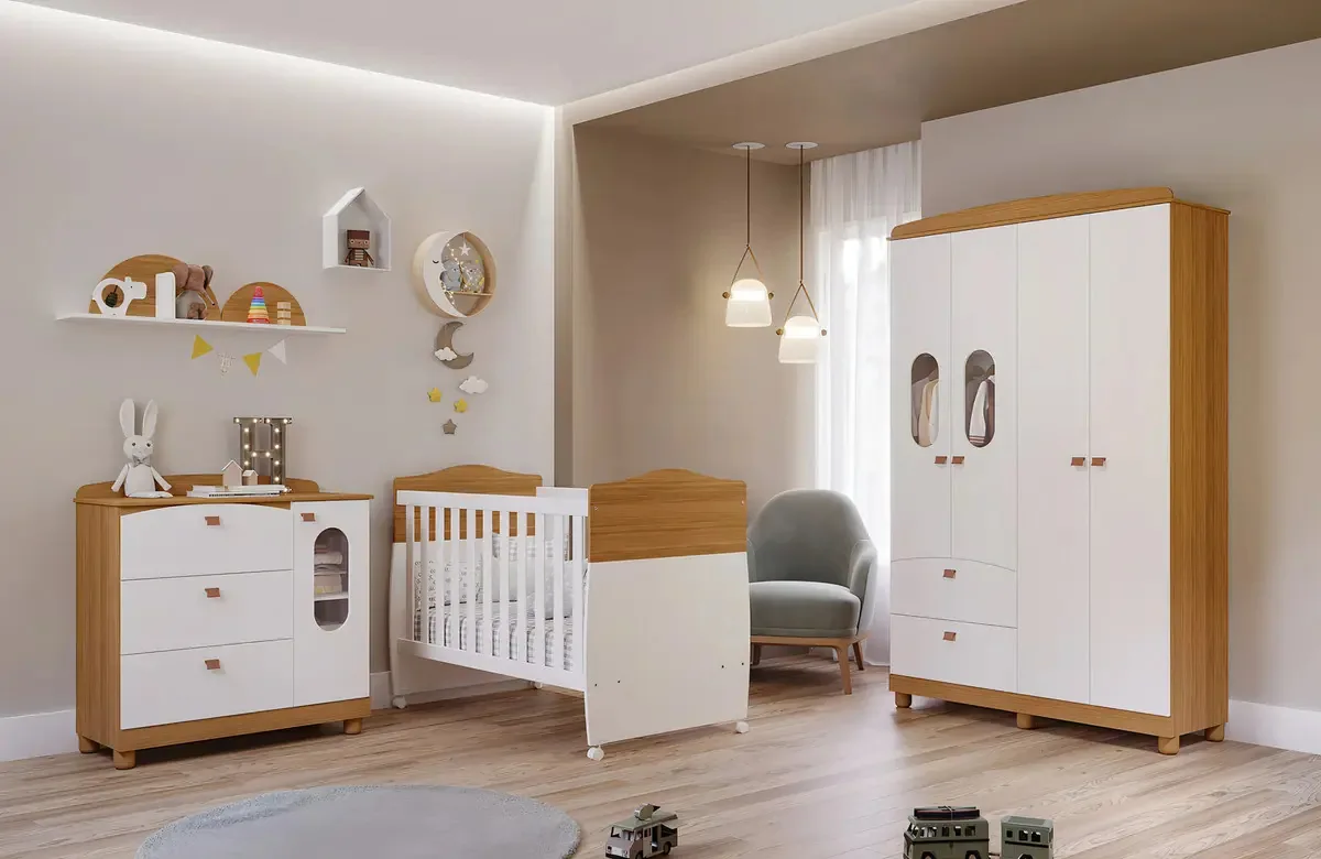 Neloja Quarto Infantil Do Bebê Fofura Completo Com Berço Americano Com Grade De Proteção Conforto Com Cômoda Premium Infantil E Guarda Roupa Cantinho Do Bebê Elegante Moderno Cor Branco/nature