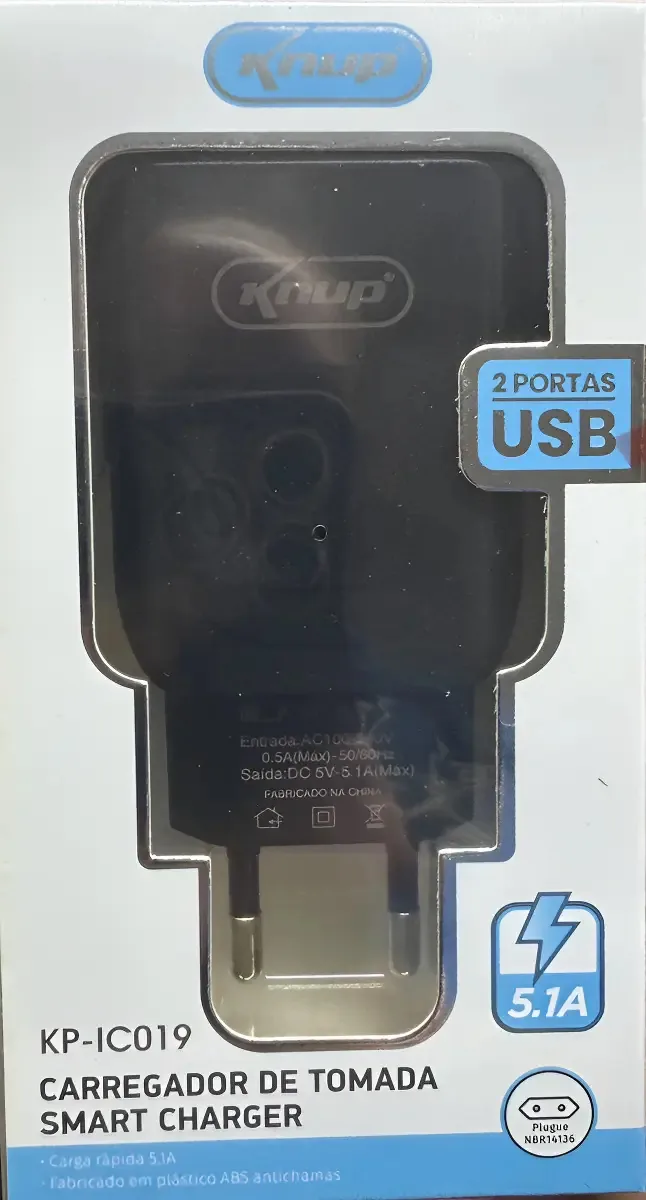 Carregador de Parede Knup para Celular com 2 Portas USB e Carga Rápida
