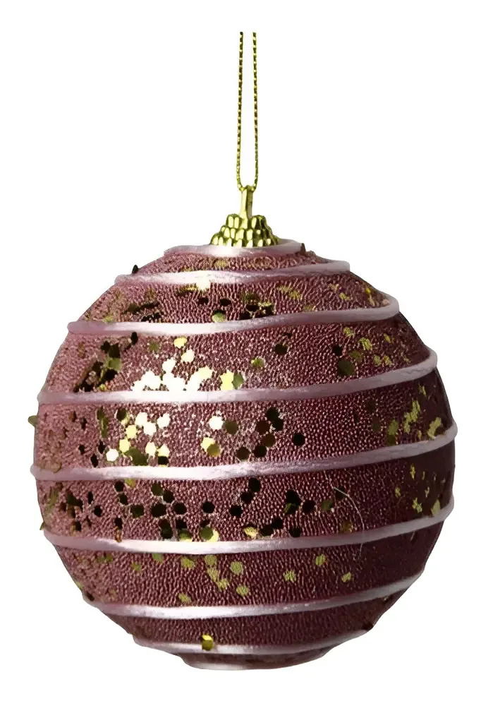 Kit com 3 Bolas de Natal Tok Da Casa Glitter e Lantejoula Dourado Rosa de 10 cm