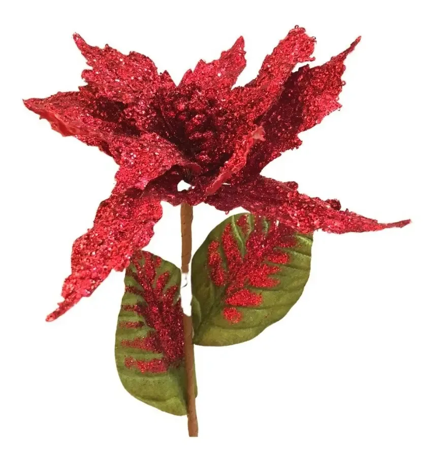 Flor Natalina Poinsetia Vermelha Com Glitter E Folha 60cm