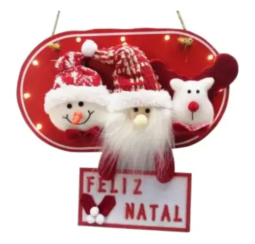 Placa Feliz Natal Trio Bonecos Natalino Com 8 Leds Pilha Aa Cor Vermelho