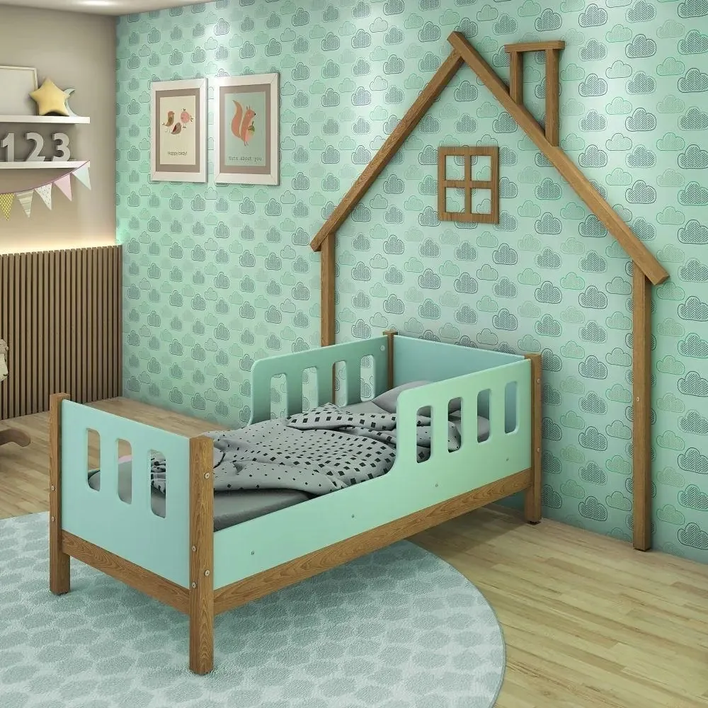 Mini Cama E Moldura De Parede Casa Poly Madeira E Menta