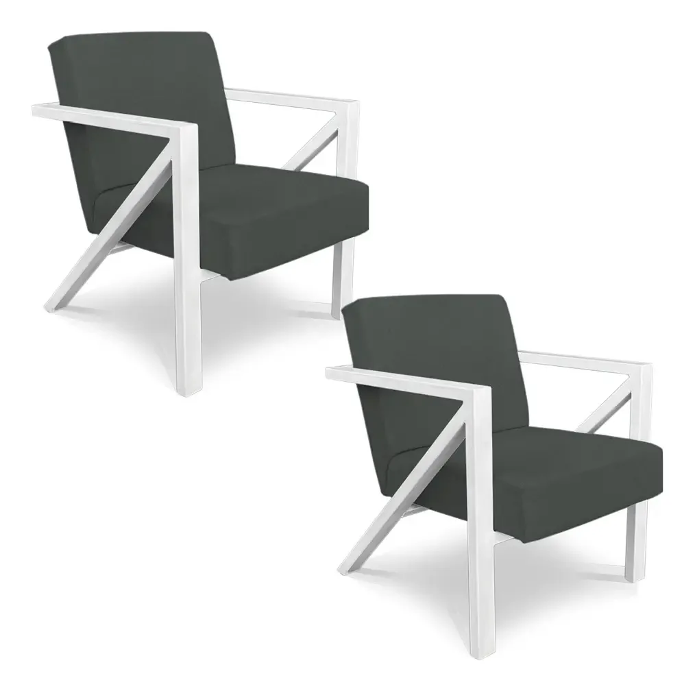 Kit 2 Poltronas Para Sala Angel Veludo Base Metálica Branca Cor Cinza