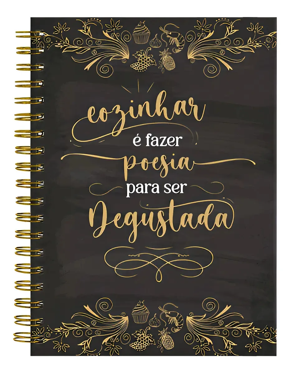 Caderno de Receitas Cozinhar é Poesia Preto e Ouro com Capa Dura