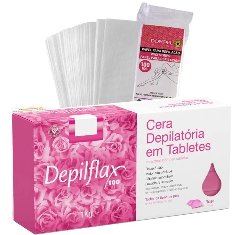 1kg Cera Quente Depilflax Rosa 100 Folhas Tnt Depilação
