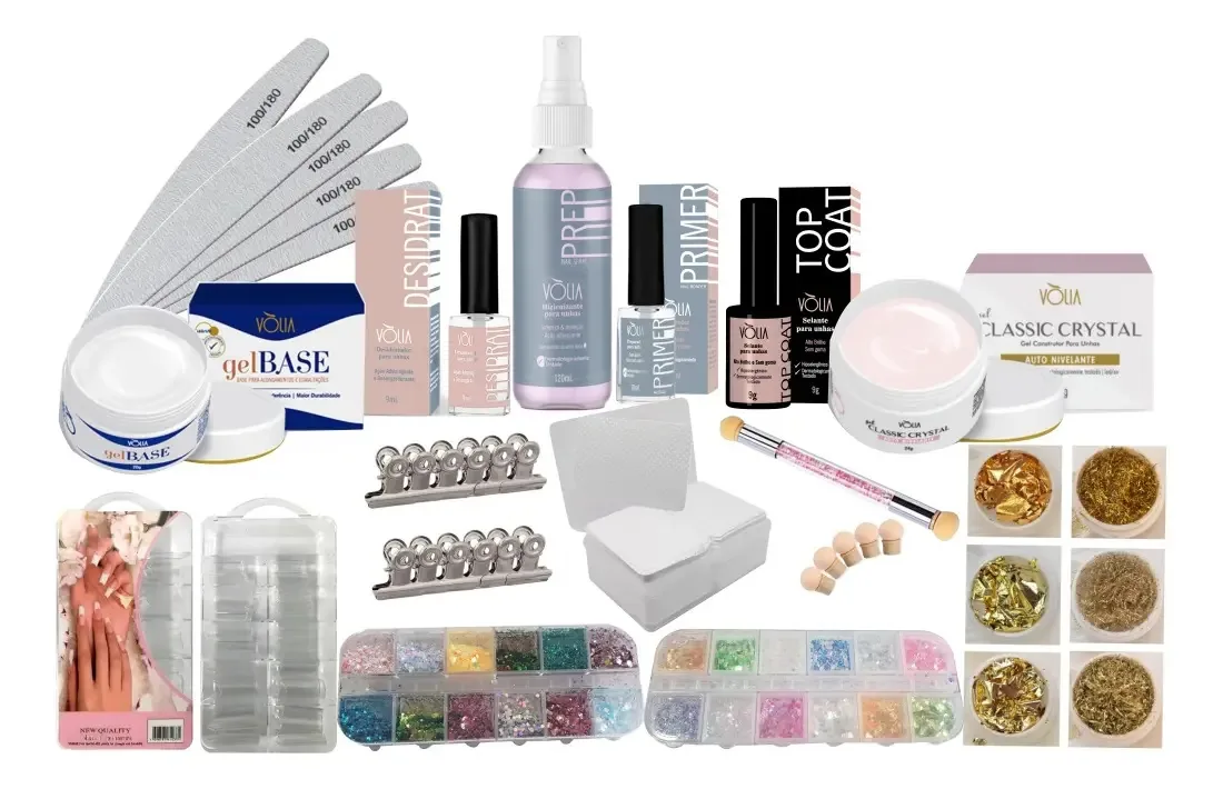 Combo Preparação Unha Gel Base Classic Crystal Kit Decoração