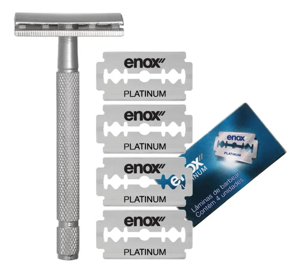 Aparelho De Barbear Clássico + 4 Lâminas Platinum Enox