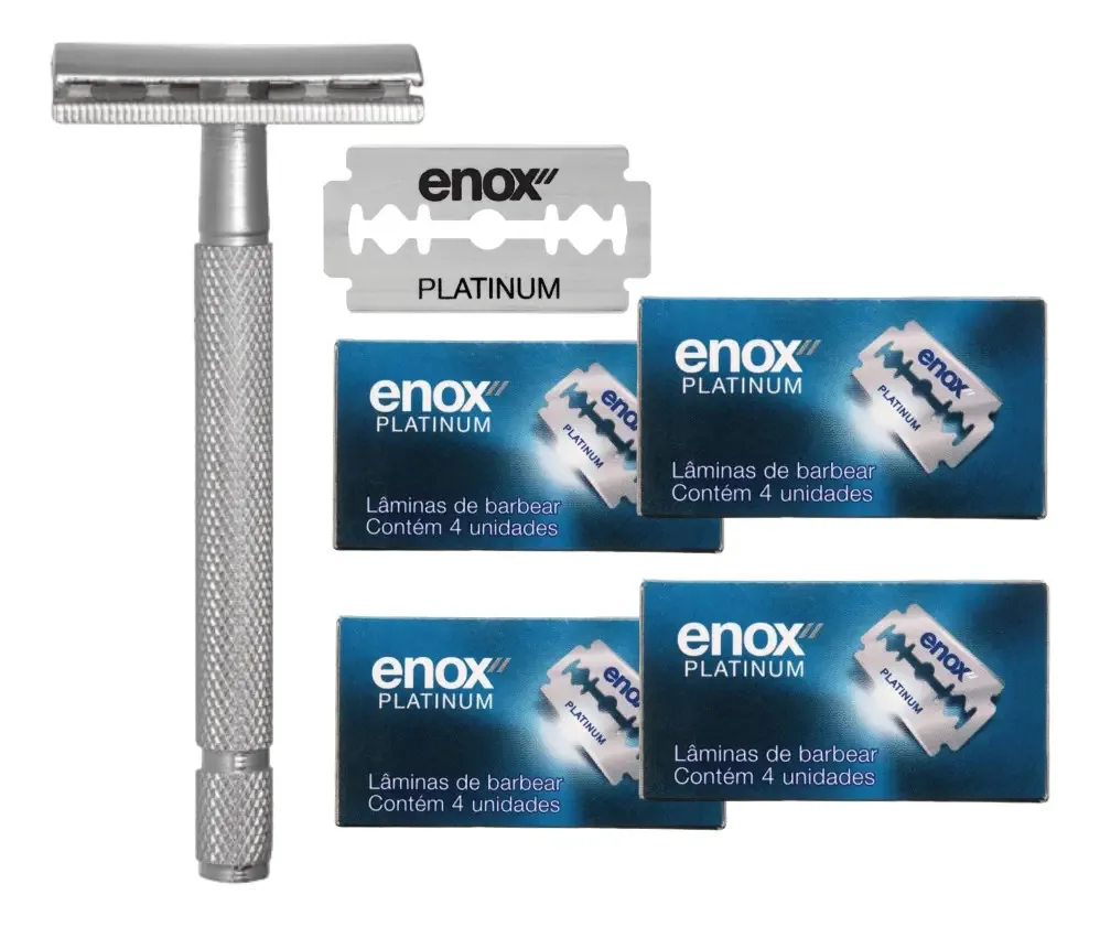 Aparelho De Barbear Enox Clássico + 16 Lâminas Duplo Fio Inox