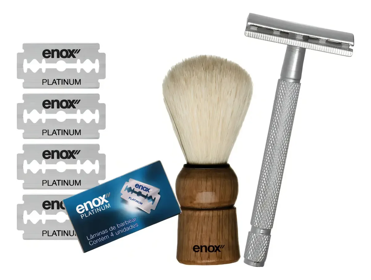 Aparelho De Barbear+4 Lâminas Fio Duplo+pincel De Barba Enox