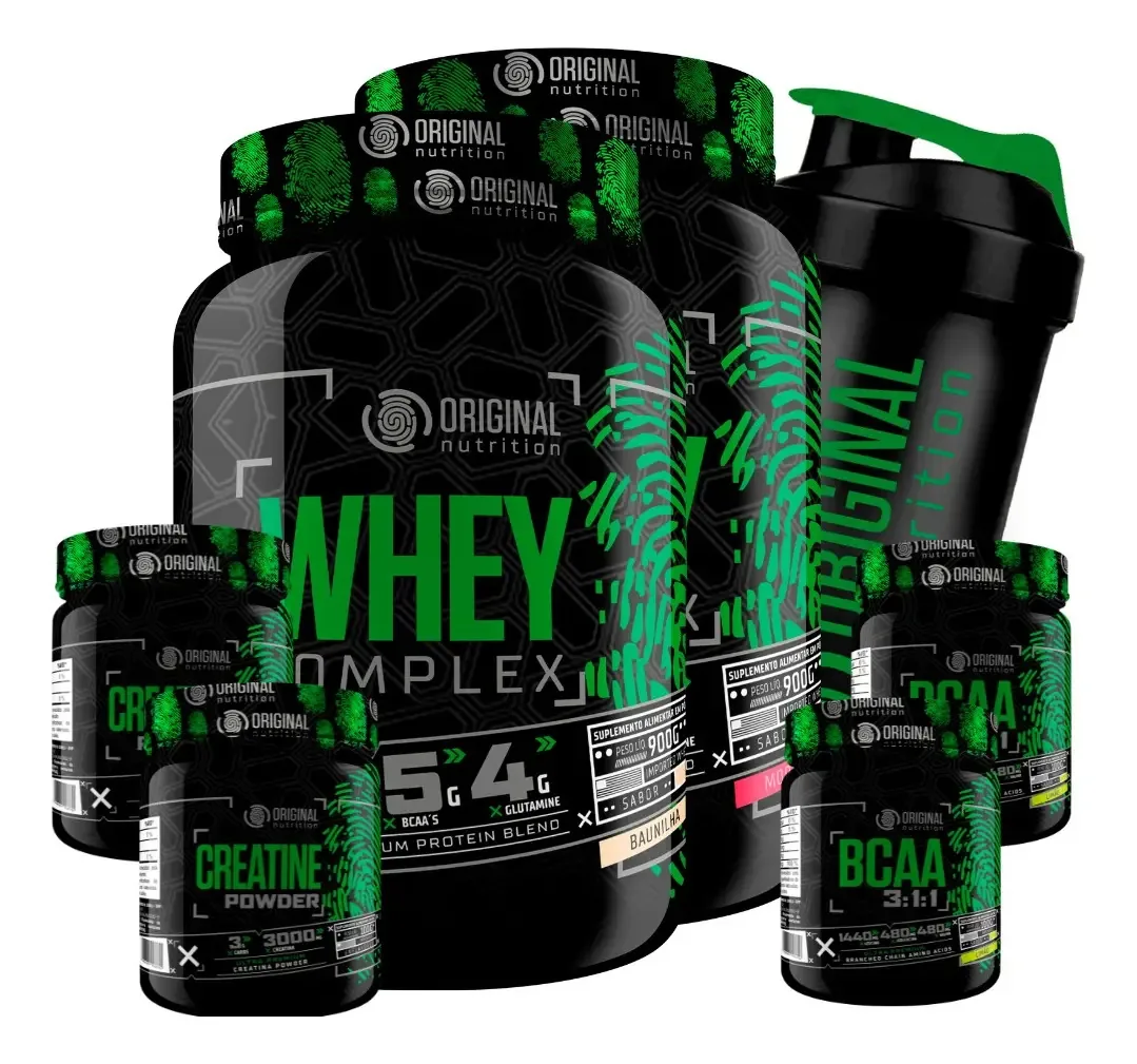Kit Suplementos: 2x Whey Protein Complex Nutrition Baunilha e Morango com BCAA, Creatina e Coqueteleira