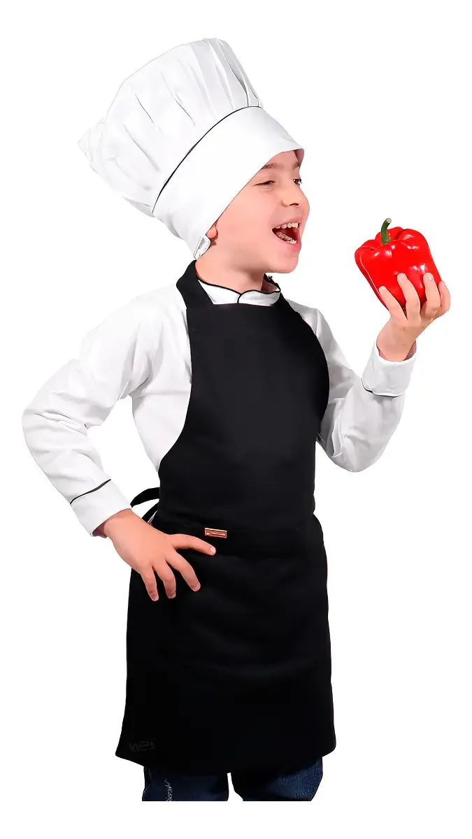 Avental Infantil Mini Chef De Cozinha Corpo Inteiro Dr Chef Cor Preto Desenho do tecido Liso