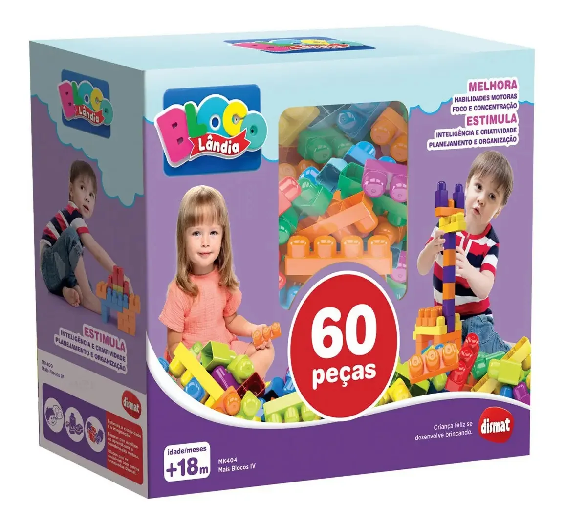 Caixa 60 Blocos Montar Multicoloridos Imaginação