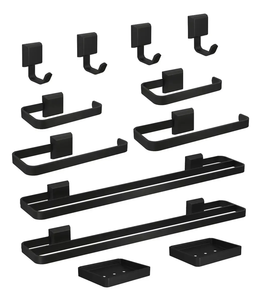 Kit De Acessórios Para Banheiros 12 Pçs Banho Luxo Quadrado Cor Preto