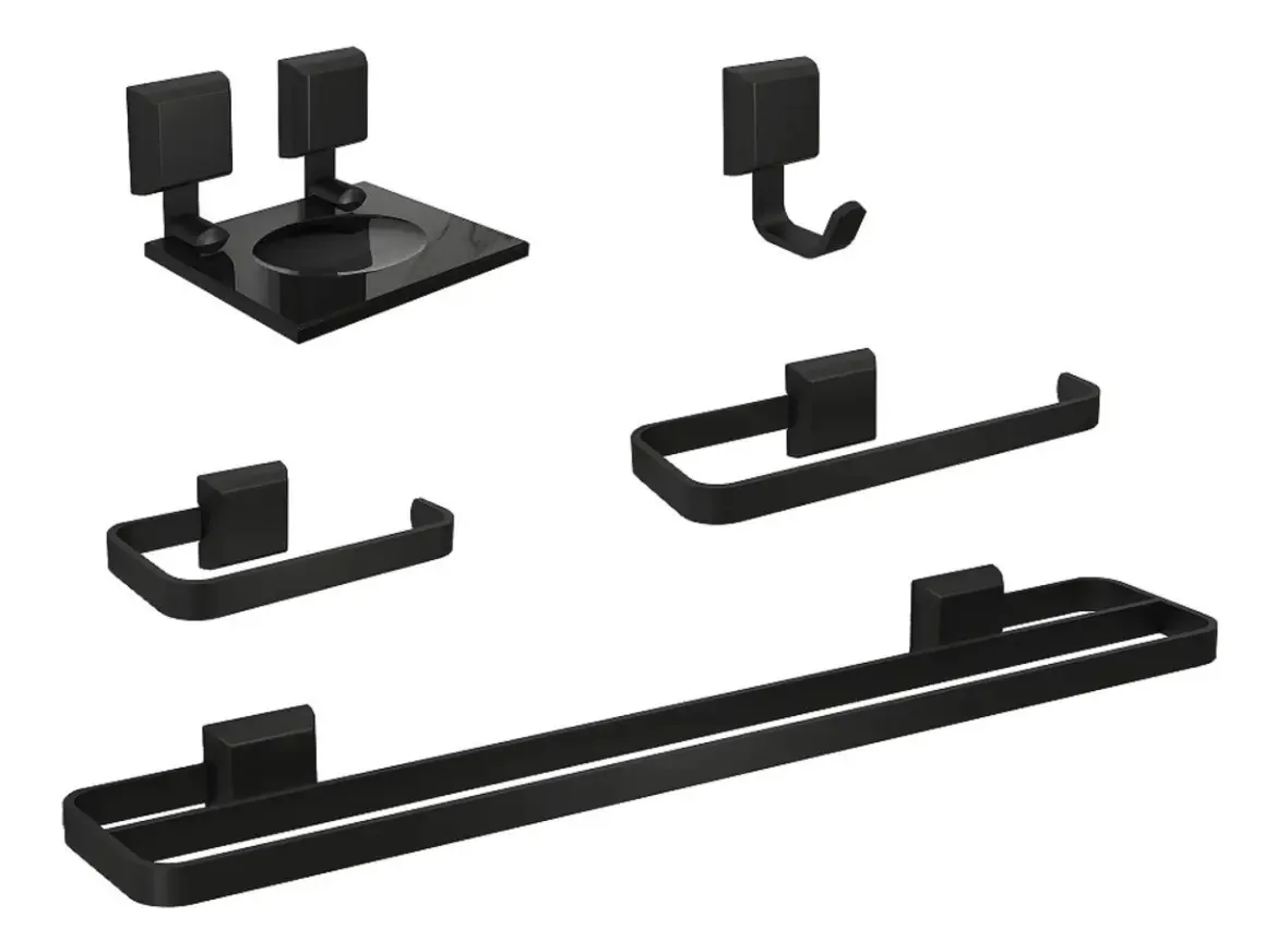 Kit De Acessórios Para Banheiros 5 Peças Com Toalheiro Duplo Cor Preto/vidro Fumê