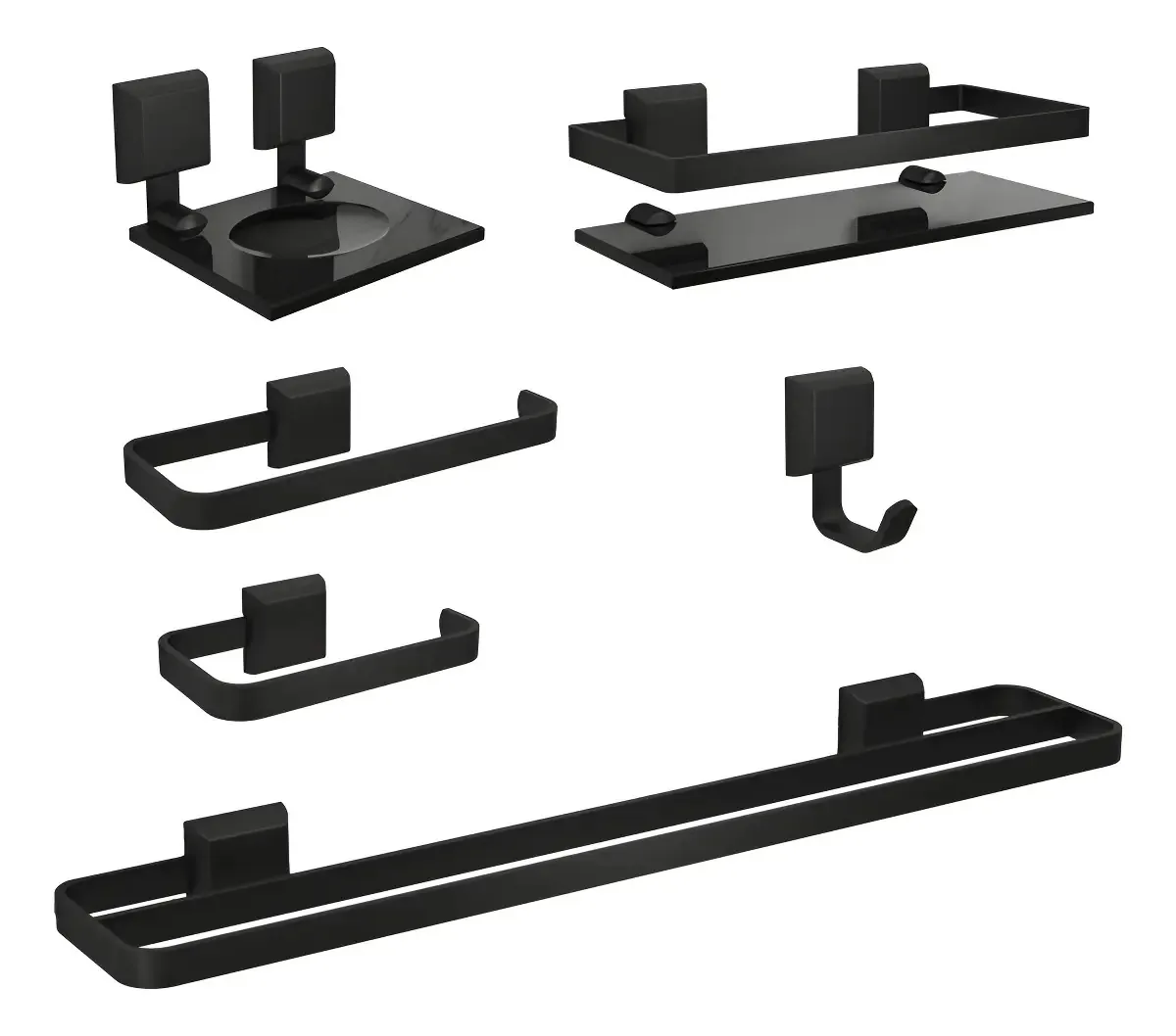 Kit De Acessórios Para Banheiros 5 Peças + Toalheiro Duplo Cor Preto - Vidro Fumê