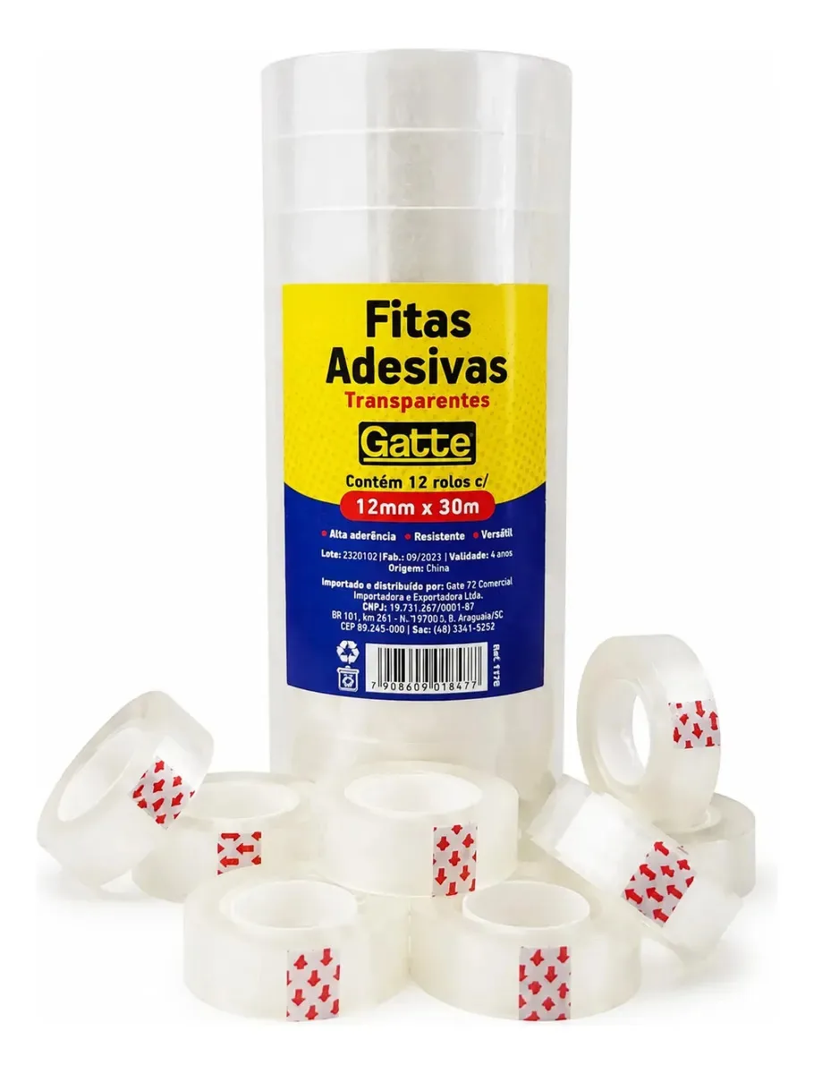 Fita Adesiva Transparente Gatte 12mm x 30m Kit 12 Unidades