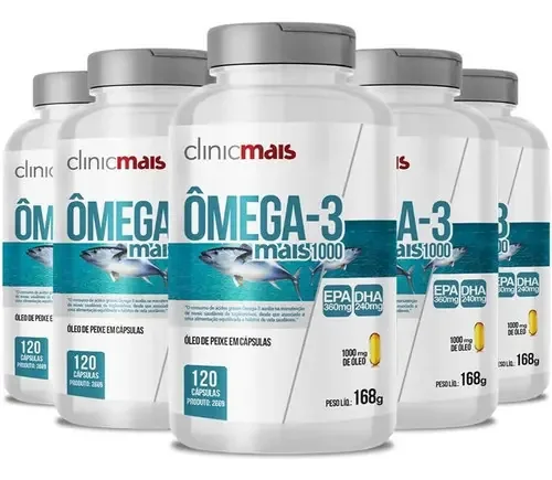 Kit 5 Ômega 3 Mais 1000mg Clinic Mais 120 Cápsulas Sabor Natural