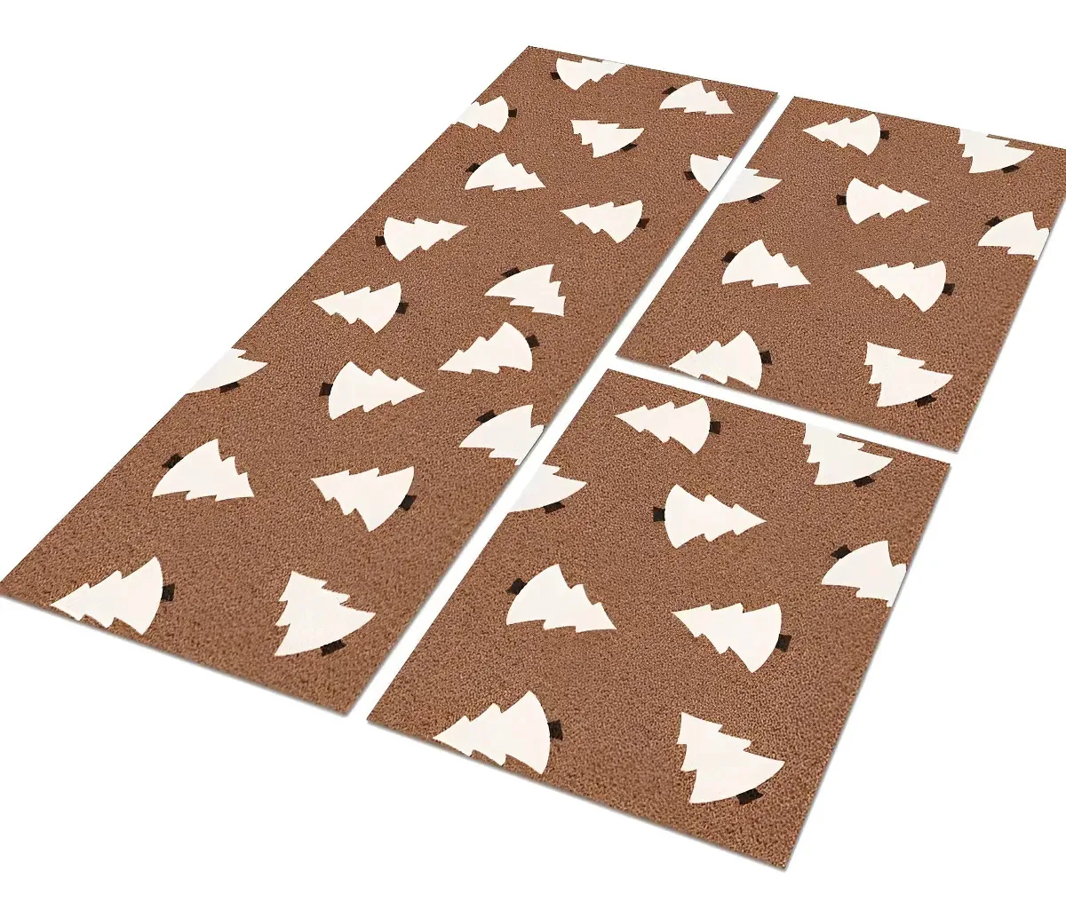 Kit de Tapetes de Natal Dança Árvores para Cozinha, Marrom - 120x40 e 2 Capachos 60x40