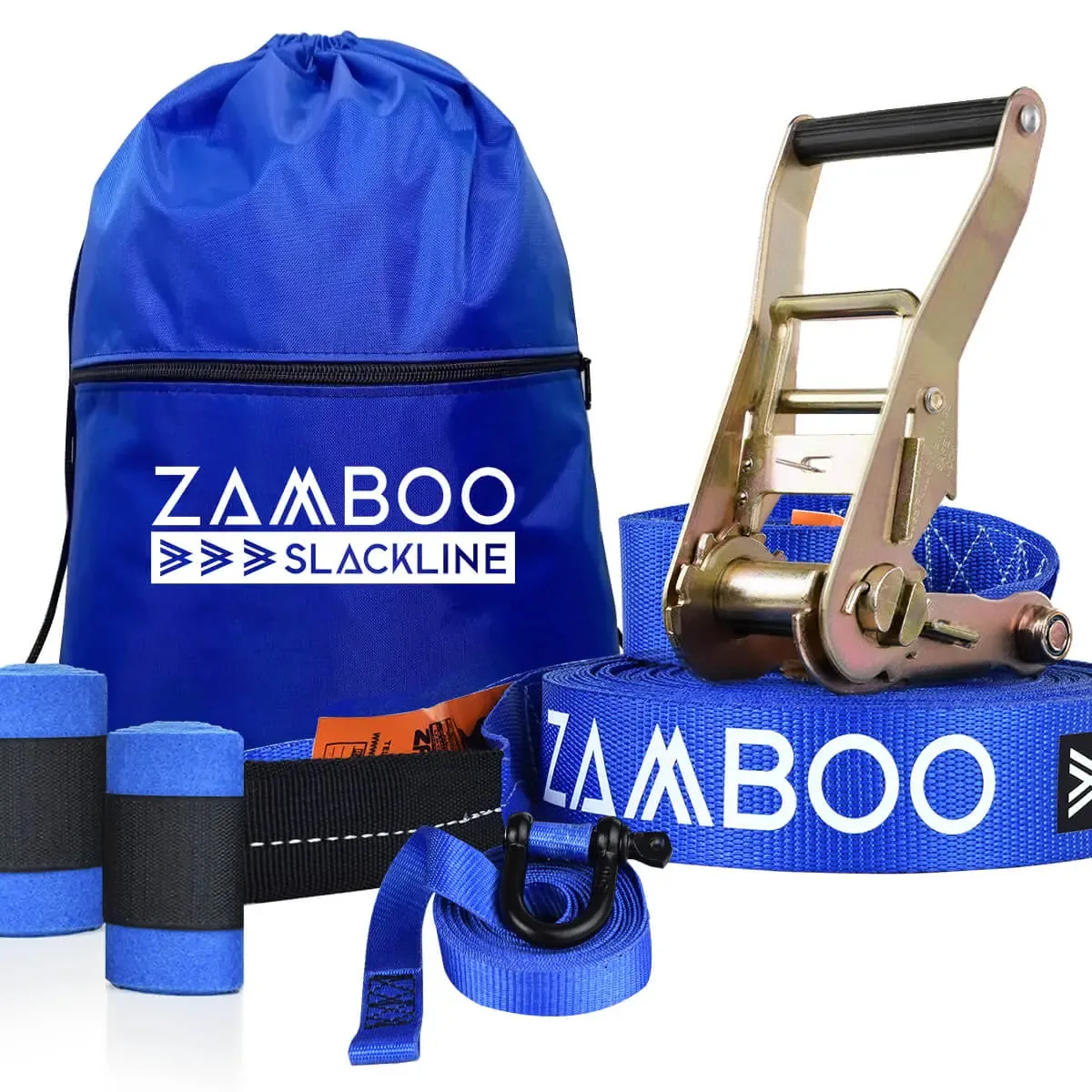 Kit Slackline Zamboo 15m Azul com Catraca e Protetores de Árvore
