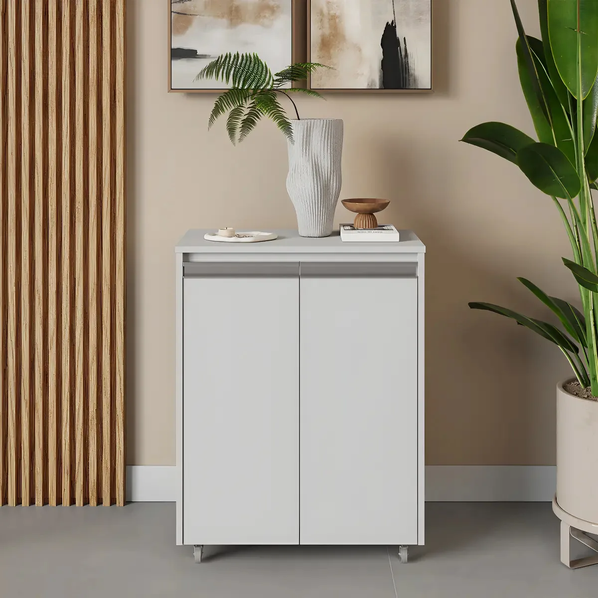 Aparador Buffet Multiuso Em Mdf Branco 60x30cm Com Rodízios Duas Portas E Duas Prateleiras | Ideal Para O Cantinho Do Café, Despensa Cozinha, Dispensa Comida | Entregue Montado - Ejv Shoop