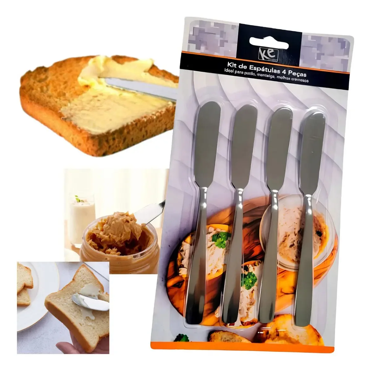 Kit 4 Espátulas Para Manteiga Patês Geleia Molhos Cremosos Cor Aço Inox