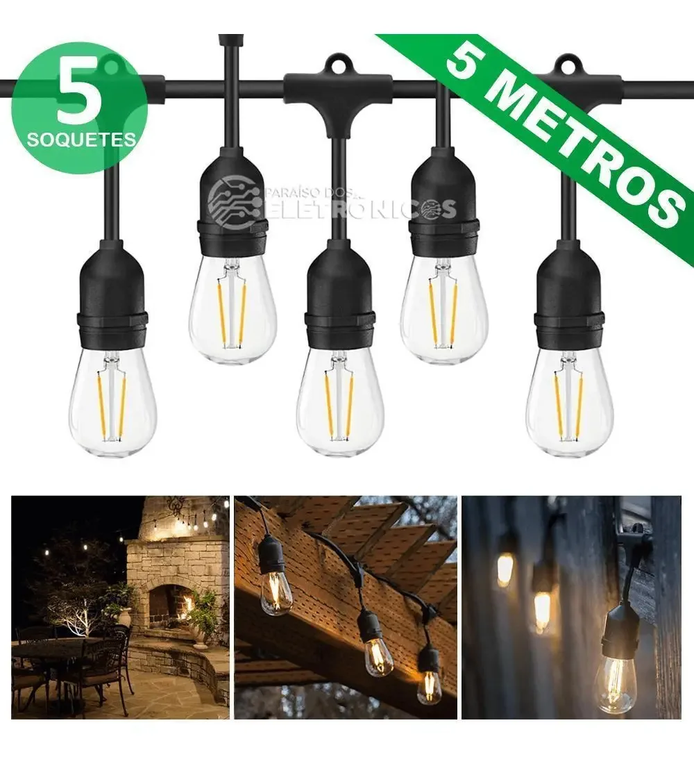 Varal de Luzes Embuled 5mts 5 Soquetes E27 Preto IP65