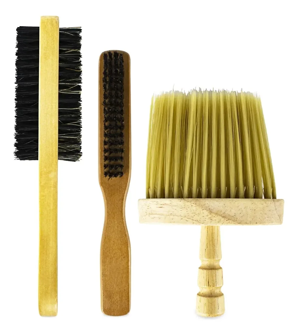 Kit 3 Escovas Barbeiro Madeira Disfarce Dupla Face Espanador Cabelereiro Barbearia Salão Degradê Cabelos Corte Barba Bigode