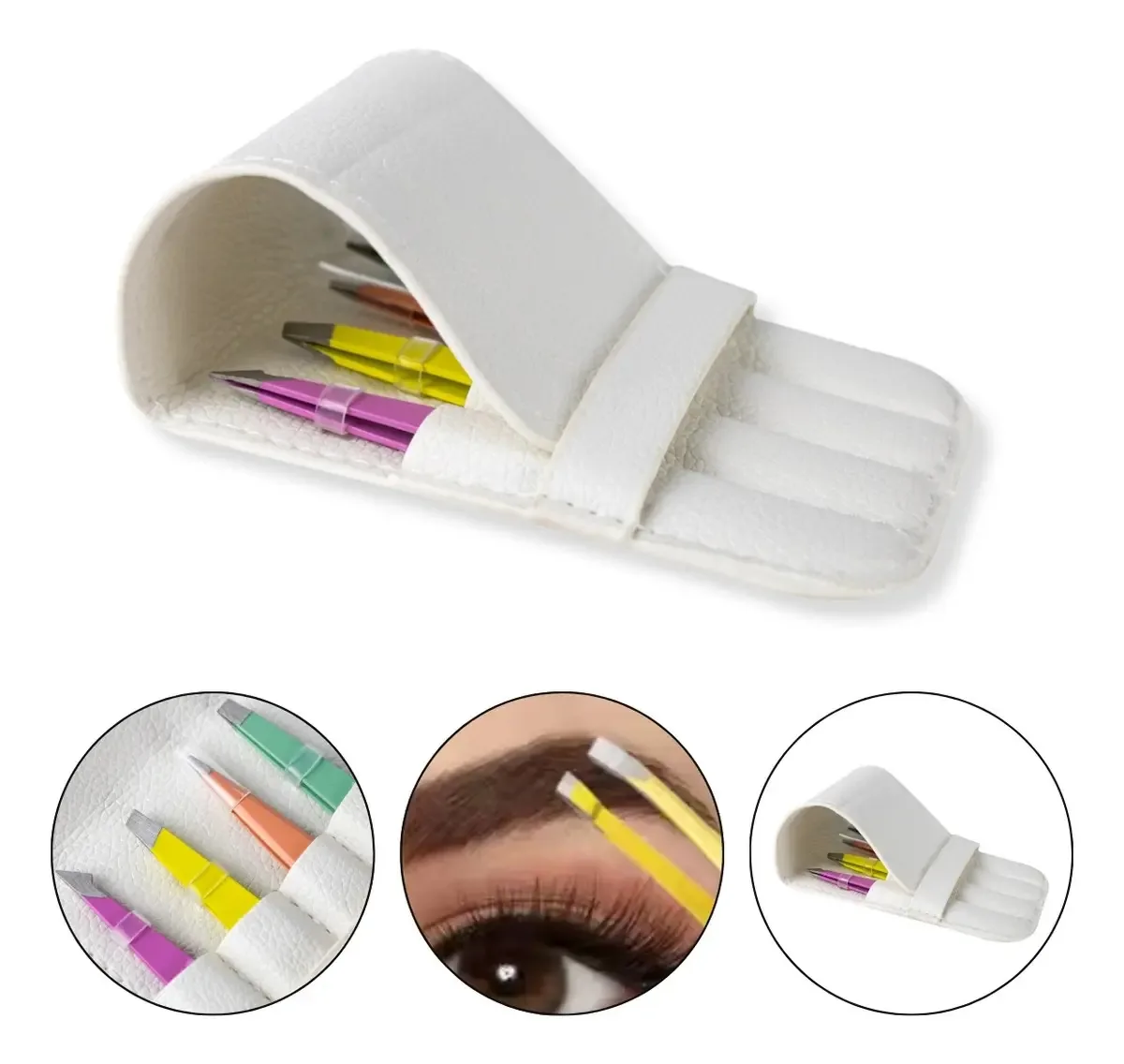 Kit 4 Formatos Pinças Design Sobrancelha + Carteira Couro Estojo Pinças Fina Reta Chanfrada Curva Depilação Sobrancelhas