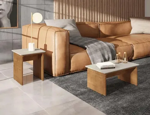 Conjunto De Mesas Lateral E Centro Sala De Estar Lilibeth Cor Off White/Naturale