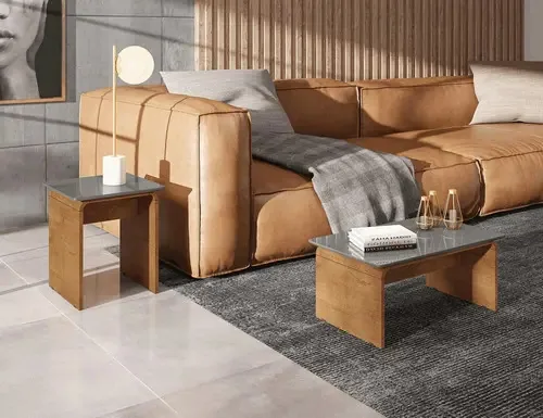 Conjunto De Mesas Lateral E Centro Sala De Estar Lilibeth Cor Titanium/Naturale