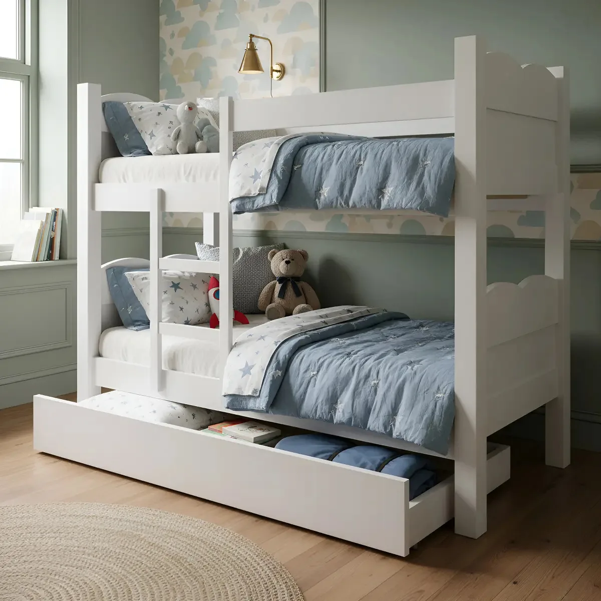 Cama Beliche Quarto Solteiro Madri Com Auxiliar E Colchões Cor Branco