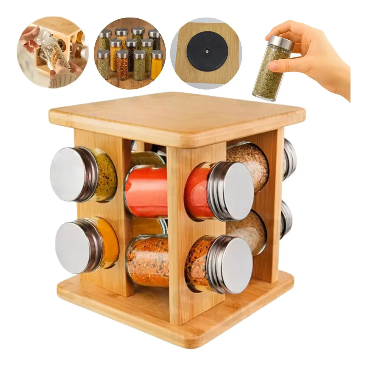 Porta Temperos Giratório Bambu 8 Frascos Vidro Cozinha Luxo