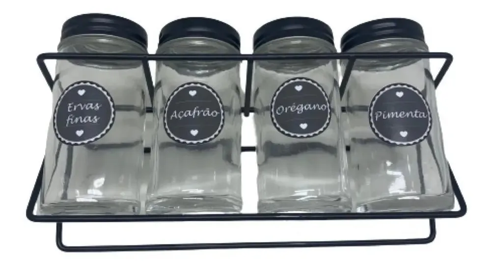 Conjunto De Porta Temperos Com Suporte De Aço Preto