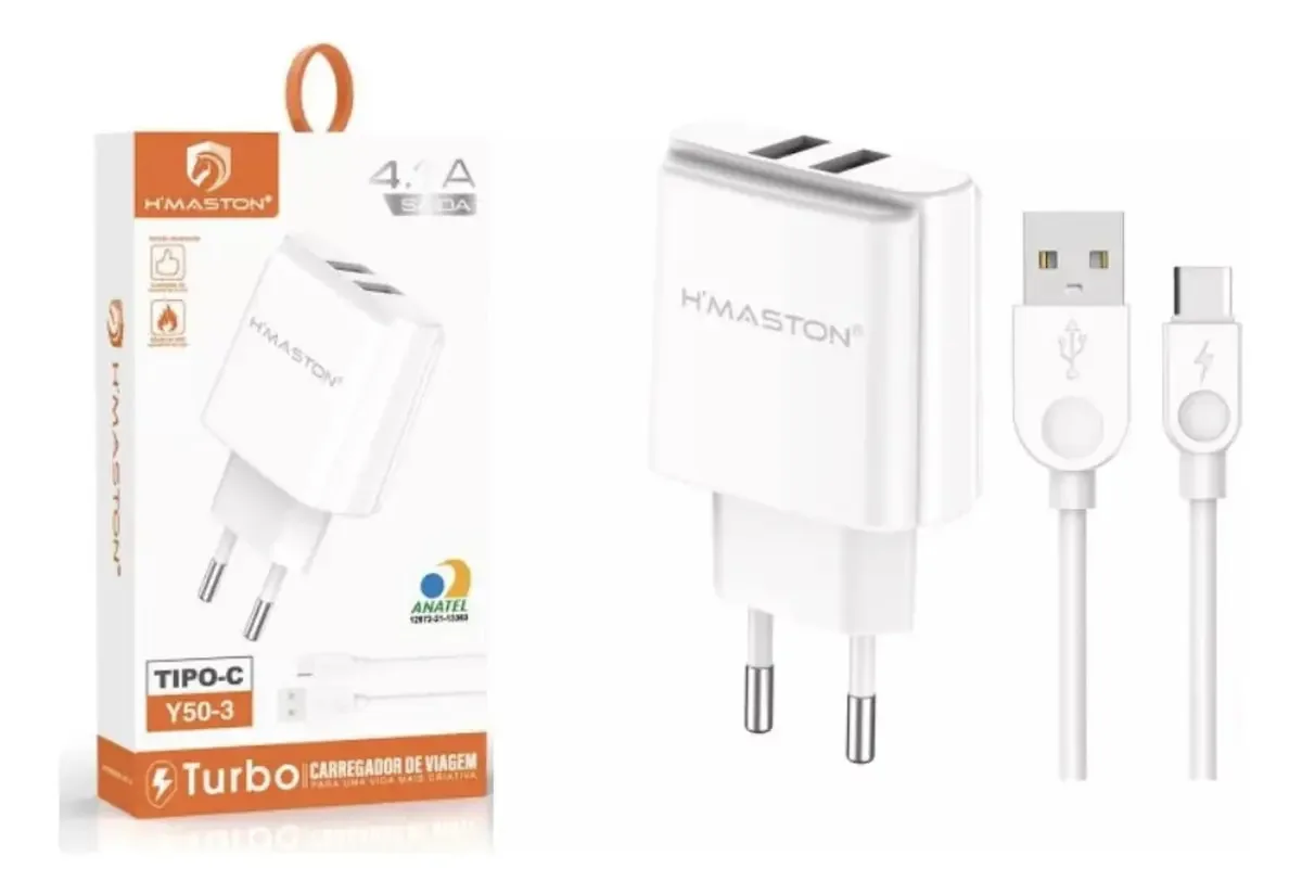Carregador Turbo H'maston Tipo C para Celular com Duas Entradas USB