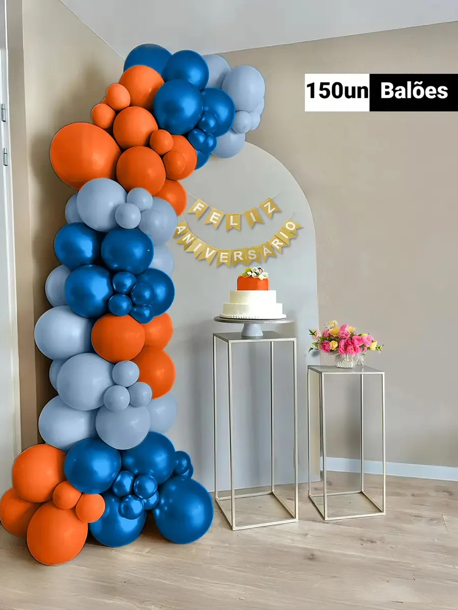 Kit Balões 150 Un Laranja E Azul Balão Bexiga De Festa