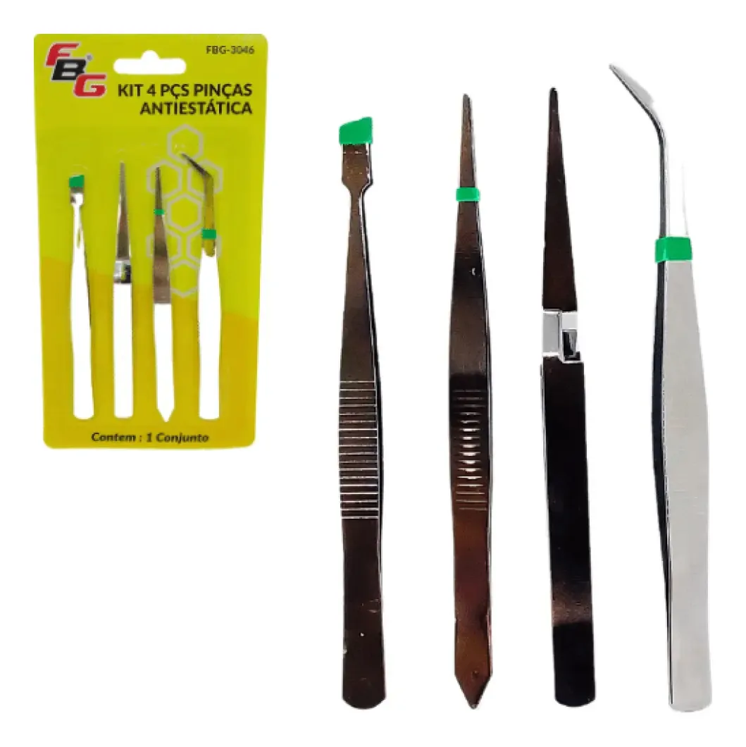 Kit 4 Pinças Antiestáticas Precisão Ferro FBG Eletrônica Costura