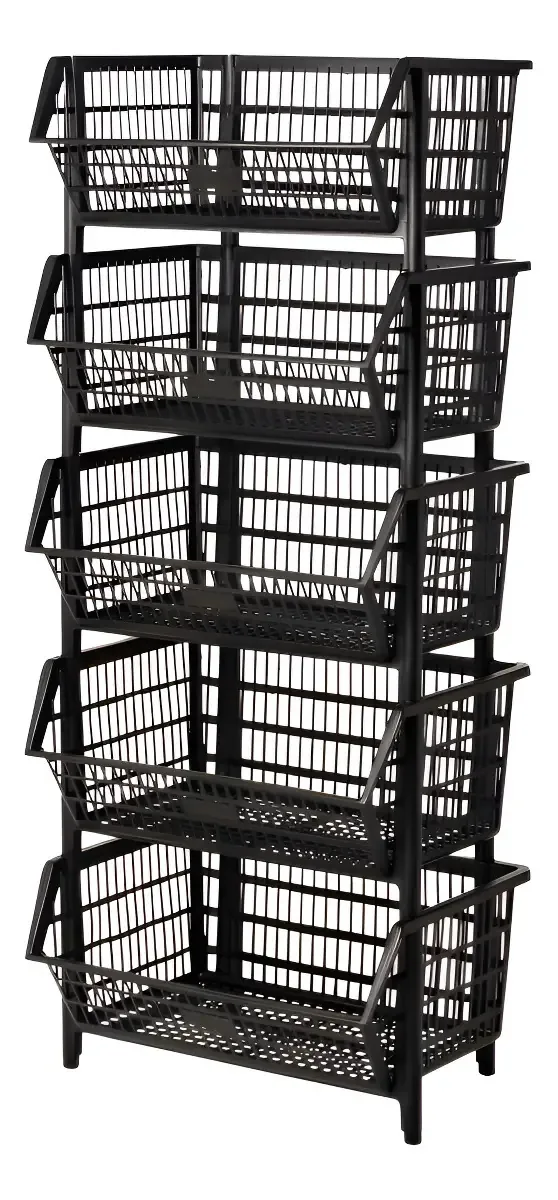 Kit 5 Cestos Empilháveis Plástico Preto Armazenamento Espaço Haus
