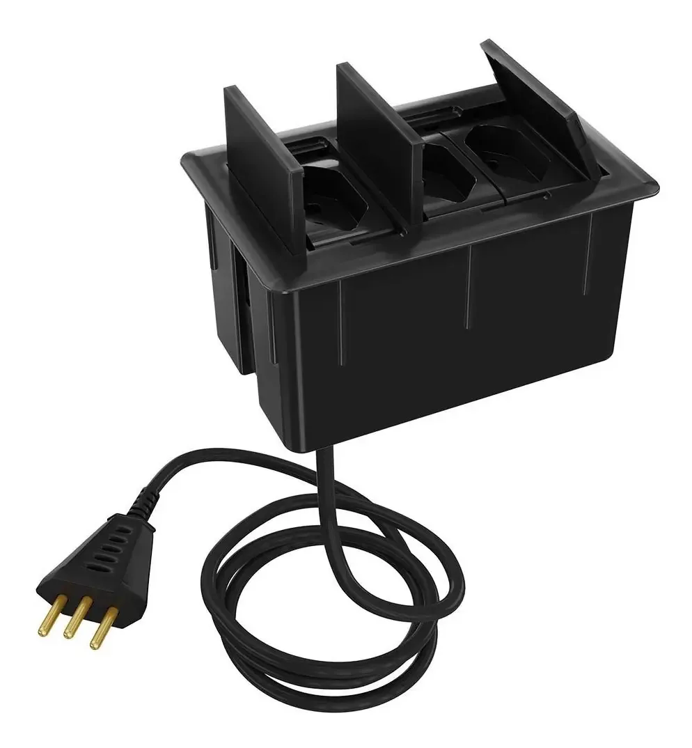 Caixa De Tomada Embutir Mesa Com 3 Tomadas 10a E Cabo Plug Cor Preto