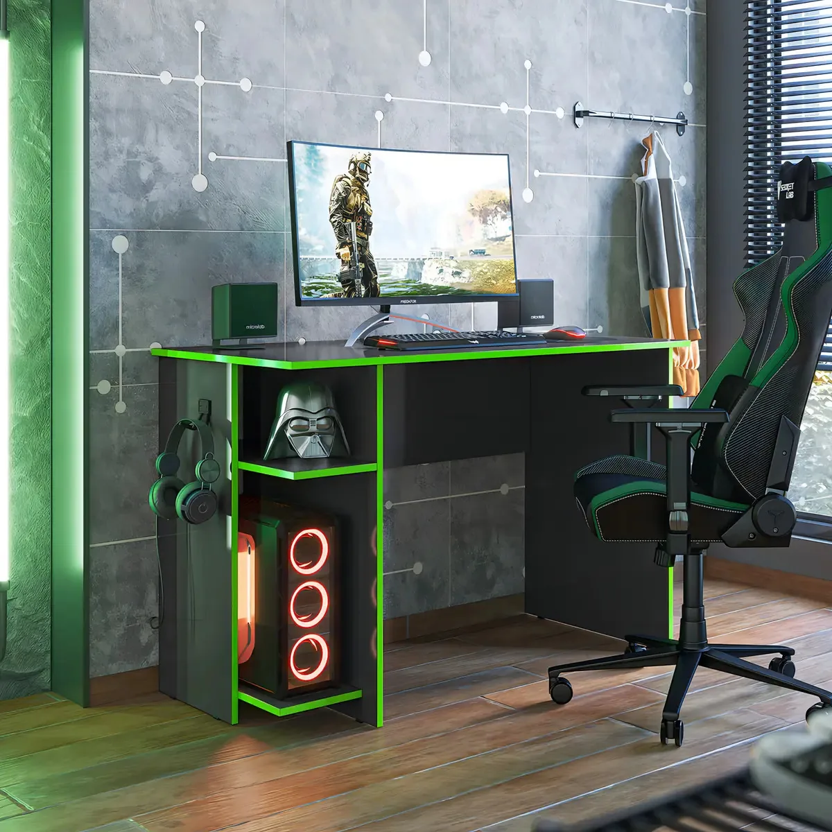 Mesa Escrivaninha Pc Gamer 3875 - Cor Preto E Verde