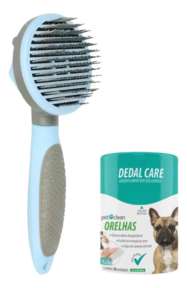 Kit Petyc Escova Rasqueadeira + Dedal de Cuidados Para Orelhas Higiene e Praticidade no Cuidado Diário Cor Azul-Claro