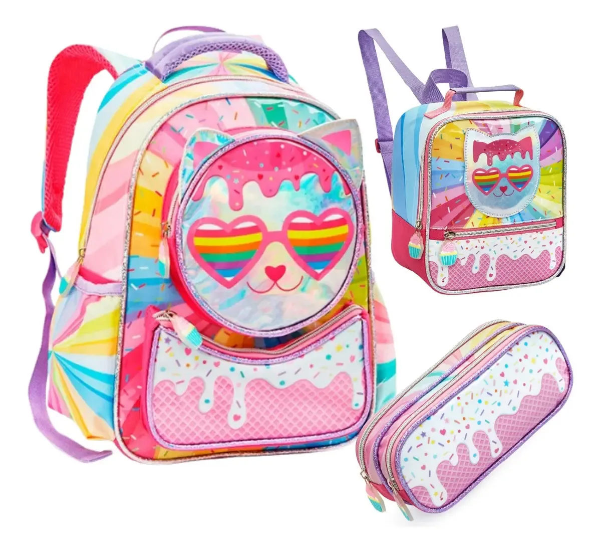 Mochila Costas Lancheira Estojo Meninas Gatinho Sorvete