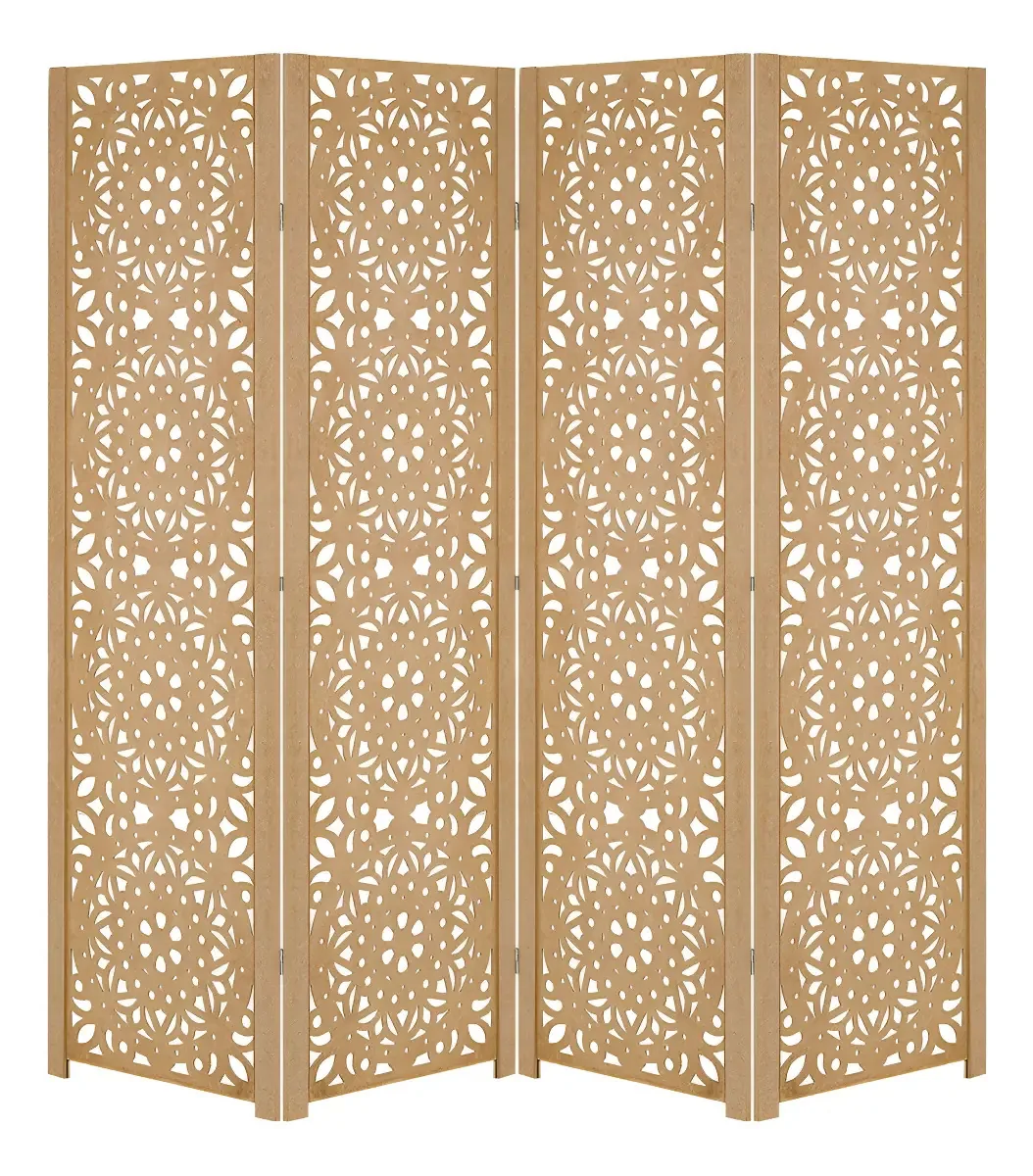Biombo Mandala Sanfonado 4 Folhas MDF Natural Cru JT Home 175x200cm
