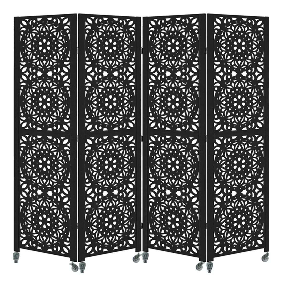 4 Biombo Divisória Mdf Separador Pintado Com Rodízio Nc Cor Preto Mandala