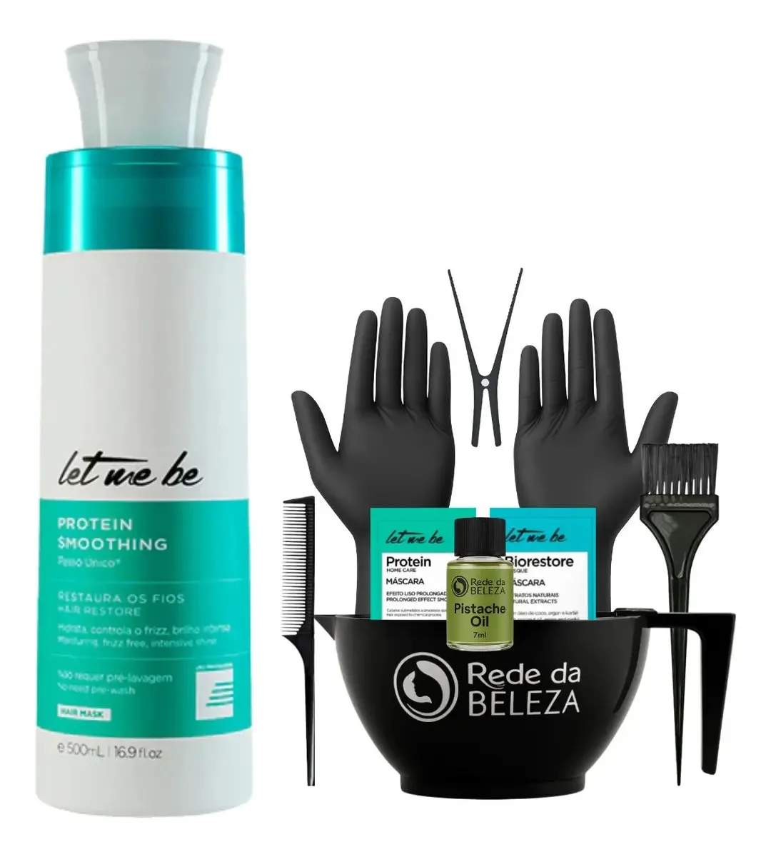 Let Me Be 500ml - Protein Smoothing Passo Único + Kit Aplicação Rede da Beleza, Presilha, Óleo, Cumbuca, Pente e Óleo